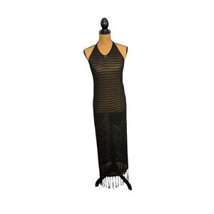 Black Crochet Halter  Maxi Dress Womens Large Boho Festival Beach Cover Up
